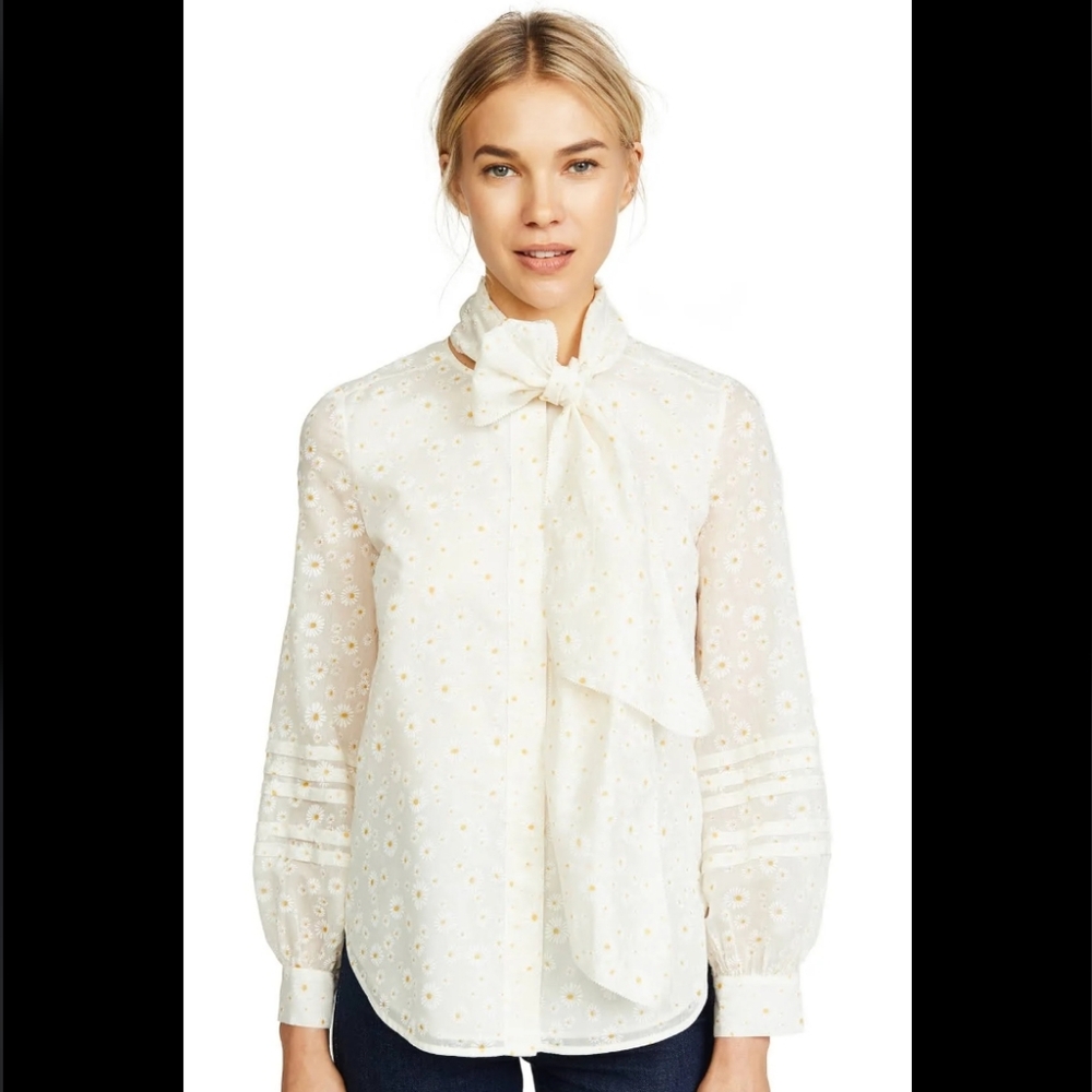 Tory Burch Top Hayden Ivory Daisy Print Organza Tie Neck Blouse 8 $348